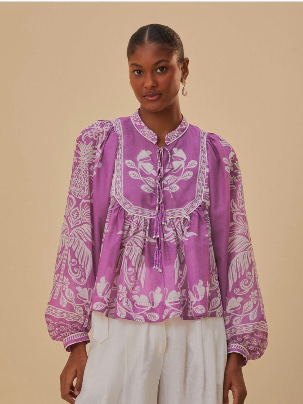 FARM Rio Lilac Sweet Garden Long Sleeve Blouse Purple Floral XL Beaded Ties
